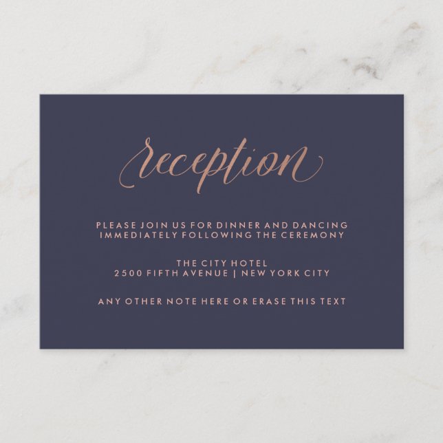 Mitternachtsblau und Imitats Rose Gold Hochzeitsem Begleitkarte (Vorderseite)