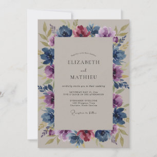 Mitternachtsblaue Amethyst-Wildblumen-Hochzeit Einladung