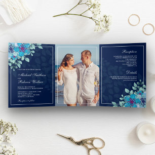Mitternachtsblaue Aquarell-Blumen-Foto-Hochzeit Dreifach Gefaltete Einladung