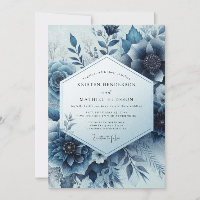 Mitternachtsblaue Blütenhochzeit Einladung (Vorderseite)