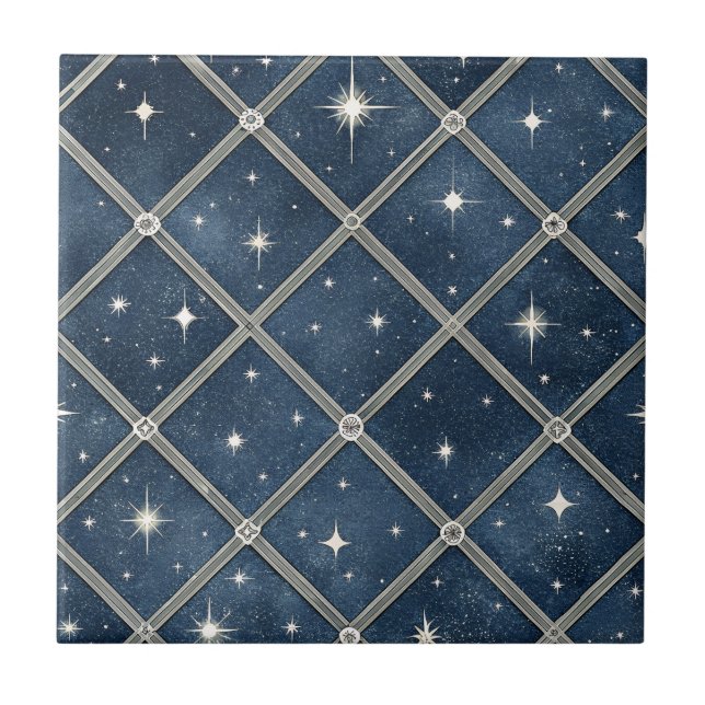 Mitternachtsblaue Diamantgitter - Sternennacht Fliese (Vorderseite)