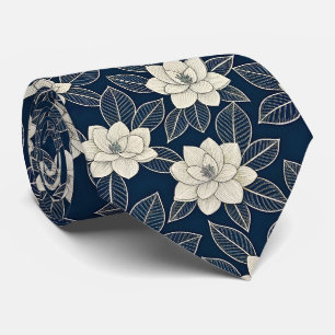 Mitternachtsblaue Elfenbein-Magnolie Modern Floral Krawatte