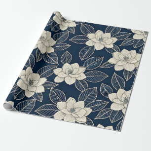 Mitternachtsblaue Elfenbeinmagnolie Modern Floral Geschenkpapier