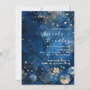 Mitternachtsblaue Floral-Galaxie-Hochzeit Einladung