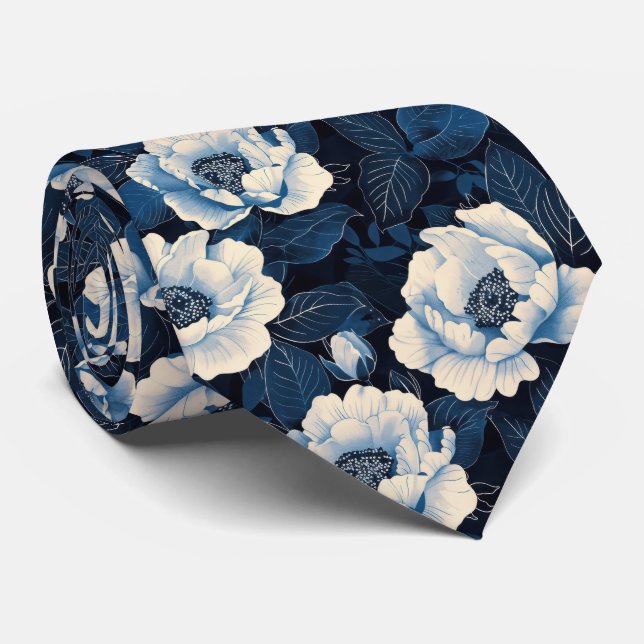 Mitternachtsblaue Floralkrawatte | Elegante Elfenb Krawatte (Gerollt)