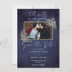 Mitternachtsblaue gothische florale Foto-Hochzeit Save The Date