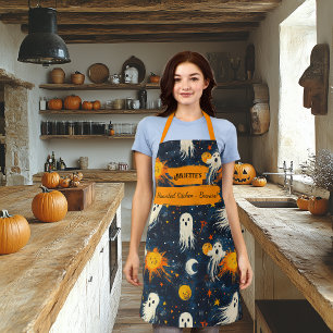 Mitternachtsblaue Halloween-Schürze mit Geistern u Schürze