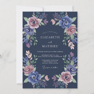 Mitternachtsblaue Majestätische Blumenhochzeit Einladung