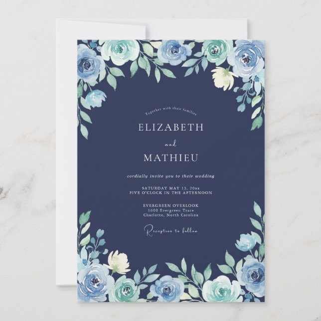 Mitternachtsblaue Petal-Hochzeit Einladung (Vorderseite)