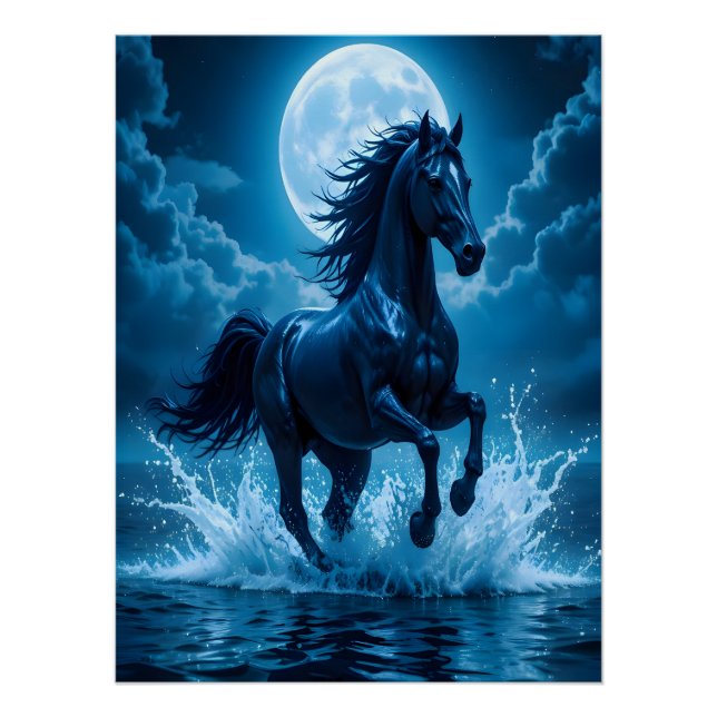 Mitternachtsblaue Pferd-Mond-Wandkunst | Geschenk- Poster (Vorderseite)