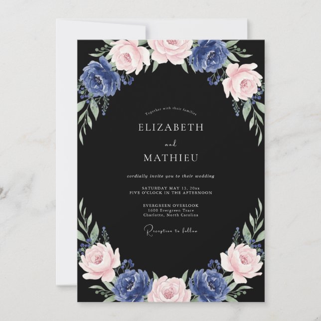 Mitternachtsblaue Pfingstrosen-Hochzeit Einladung (Vorderseite)