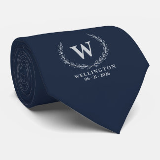 Mitternachtsblaue Silber-Lorbeer-Monogramm-Hochzei Krawatte