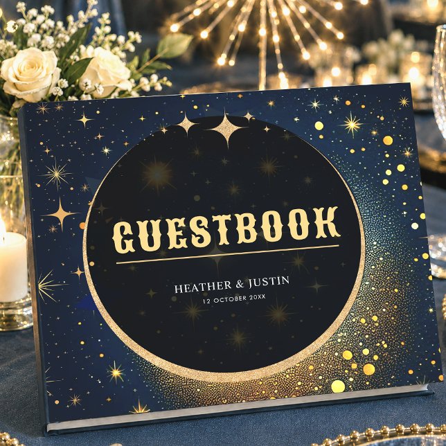 Mitternachtsblaue Sterne Mond Himmelshalo Hochzeit Gästebuch (Von Creator hochgeladen)