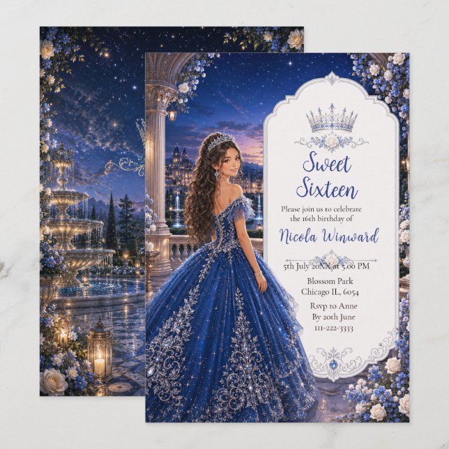 Mitternachtsblaue Sweet 16 Prinzessinnengarten Einladung (Vorne/Hinten)