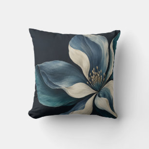 Mitternachtsblaue Teal Elfenbein Statement-Blume Kissen