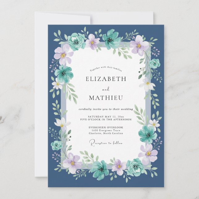 Mitternachtsblaue Teelila bemalte Hochzeit Einladung (Vorderseite)