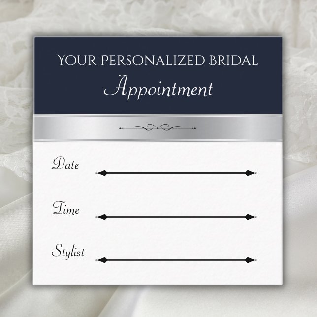 Mitternachtsblaue Termin Karten für Brautmodengesc (Midnight blue and silver bridal boutique appointment card template.)