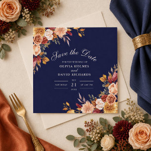Mitternachtsblaue verbrannte orangefarbene Blumen- Save The Date