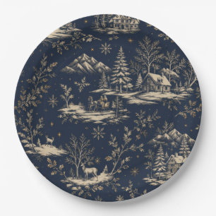 Mitternachtsblaue Winter-Toile-de-Jouy-Weihnachten Pappteller