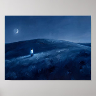 Mitternachtsblauer Hügel und zunehmender Mond Poster