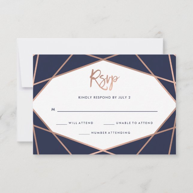 Mitternachtsblauer Rose Gold Geometric Bat Mitzvah RSVP Karte (Vorderseite)