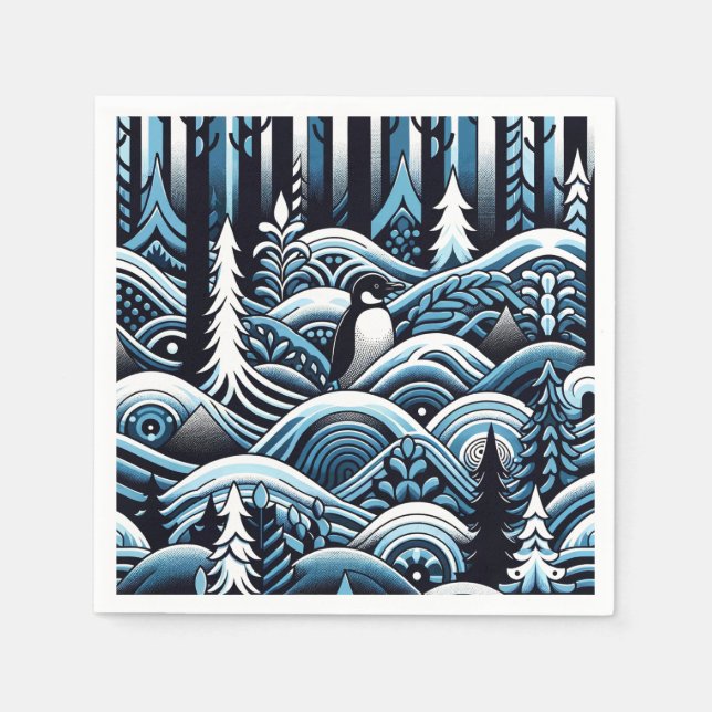 Mitternachtsblauer Winterwald mit Niedlichem Lone  Serviette (Vorderseite)