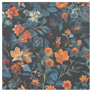 Mitternachtsblut: Orange und Blue Floral Symphony Stoff