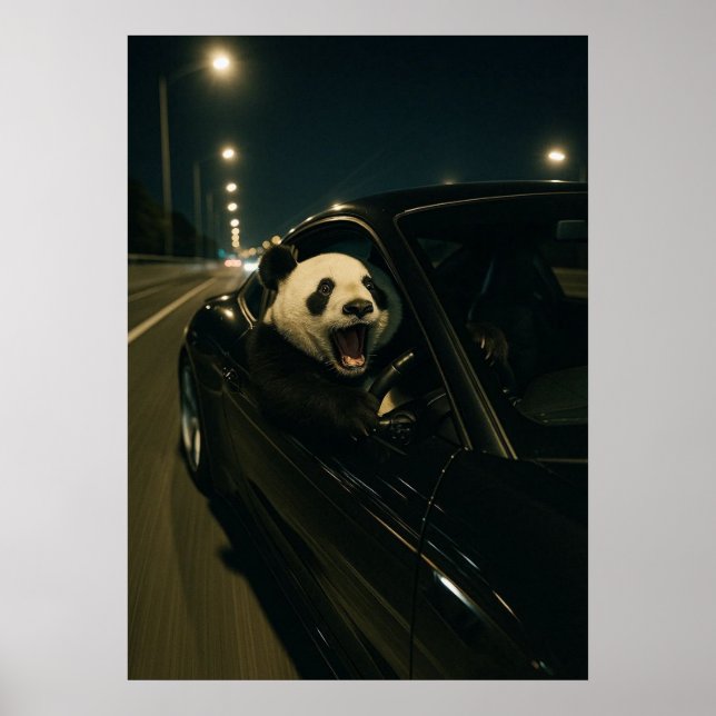 Mitternachtsfahrt – Lustiger Panda in einer Sportw Poster (Vorne)