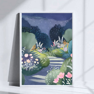 Mitternachtsgarten   Wasserfarben-Blumenpfad Poster