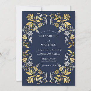 Mitternachtsgold-Filigran-Eukalyptus-Hochzeit Einladung