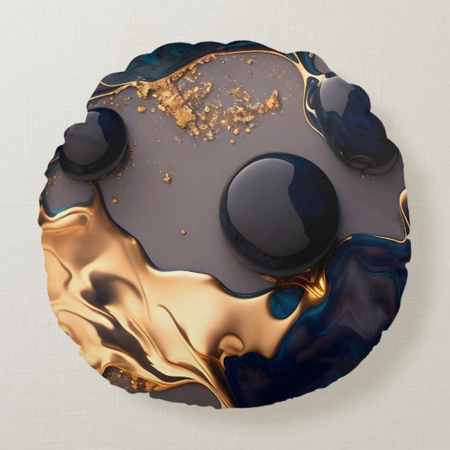 Mitternachtsgold Flüssig-Marmor Rundes Kissen (Vorderseite)