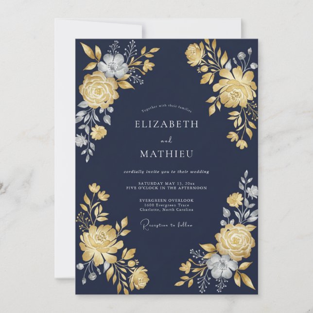 Mitternachtsgold-Ranunculus-Eukalyptus-Hochzeit Einladung (Vorderseite)