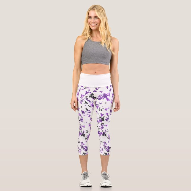 Mitternachtskrieger: Schwarz-lila Tarnhose Yoga Ca Capri Leggings (Vorderseite)