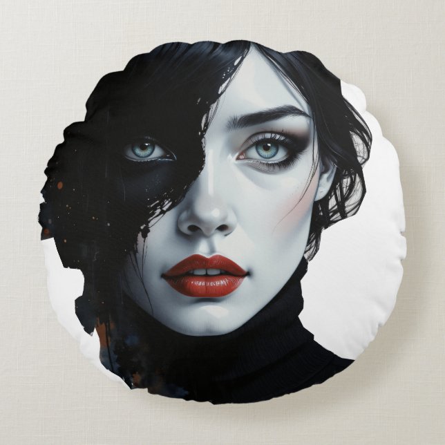 Mitternachtsmuse - Schwarzweißportrait Rundes Kissen (Vorderseite)