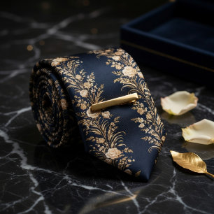 Mitternachtsnavy & Goldene Floral Luxus Krawatte