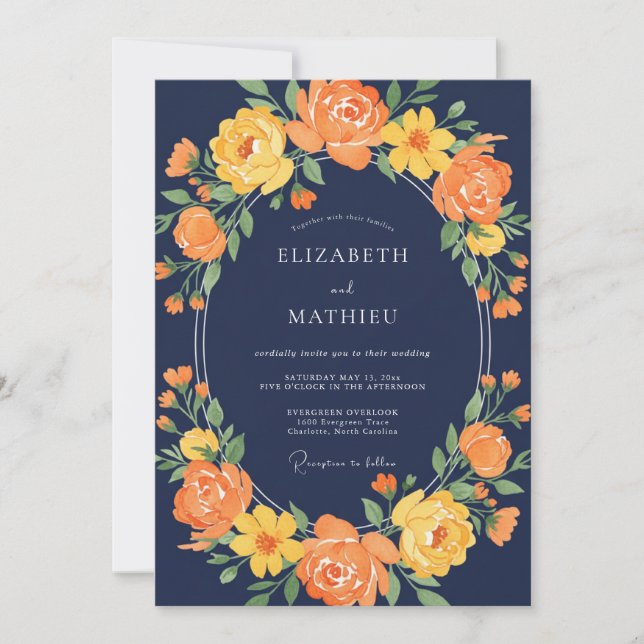 Mitternachtsorange Kranz Hochzeit Einladung (Vorderseite)