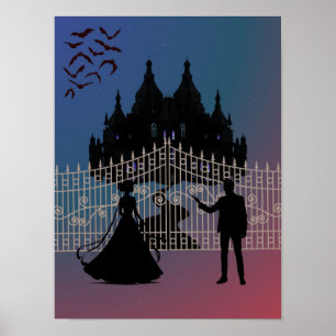 Mitternachtsromantische Fantasy-Burg und Ballkleid Poster