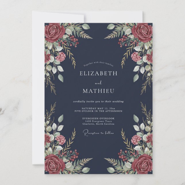 Mitternachtsrote-Petal-Hochzeit Einladung (Vorderseite)