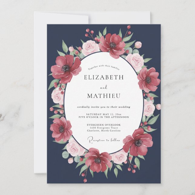 Mitternachtsrote Ranunculus-Eukalyptus-Hochzeit Einladung (Vorderseite)