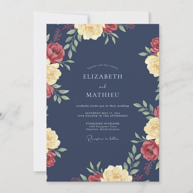 Mitternachtsrote Rosenhochzeit Einladung (Vorderseite)