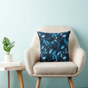 Mitternachtsspaziergang Blau Botanisch auf schwarz Kissen