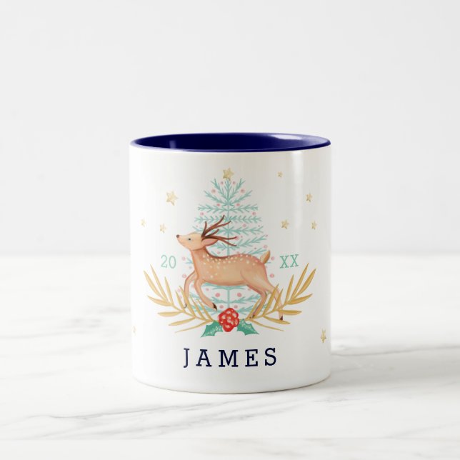 Mitternachtswald Rentier & Weihnachtsbaum Zweifarbige Tasse (Mittel)