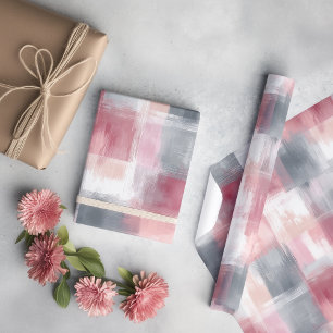 Mittlere Abstrakte Gingham Pink und Grau Geschenkpapier