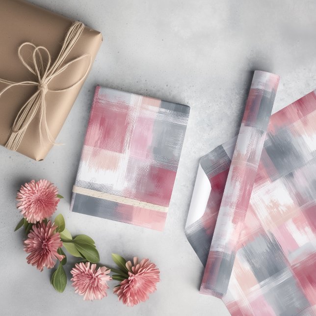 Mittlere Abstrakte Gingham Pink und Grau Geschenkpapier (Von Creator hochgeladen)