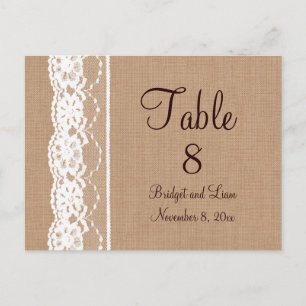 Mittlere Burlap- und Vintage Spitzen-Tischnummer Postkarte