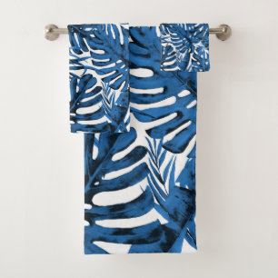 Mittlere Denim Blue Tropical Palm Blätter Island C Badhandtuch Set