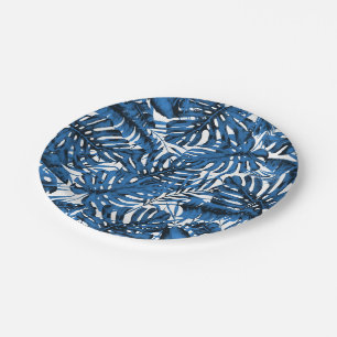 Mittlere Denimblaue Tropische Palmwedel Hochzeit Pappteller