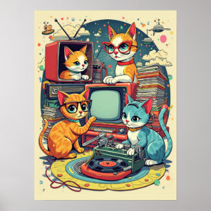 Mittlere Jahrhundertkatzen mit Retro-Platten & TV Poster