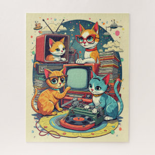 Mittlere Jahrhundertkatzen mit Retro-Platten & TV Puzzle