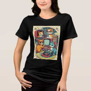 Mittlere Jahrhundertkatzen mit Retro-Platten & TV Tri-Blend Shirt